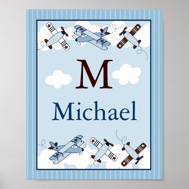 Little Aviator Aeroplane Wall Art Name Print (Front)