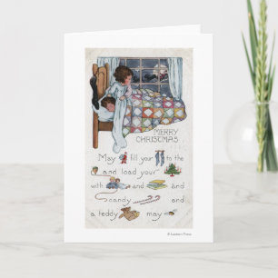 Little Awaken Girl Spies Santa and Sleigh Holiday Card