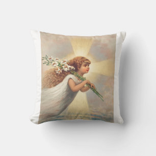 Little baby angel holding lilies cushion