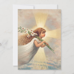 Little baby angel holding lilies holiday card
