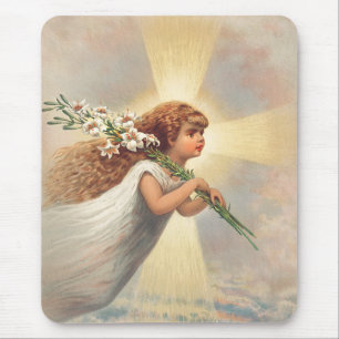 Little baby angel holding lilies mouse pad
