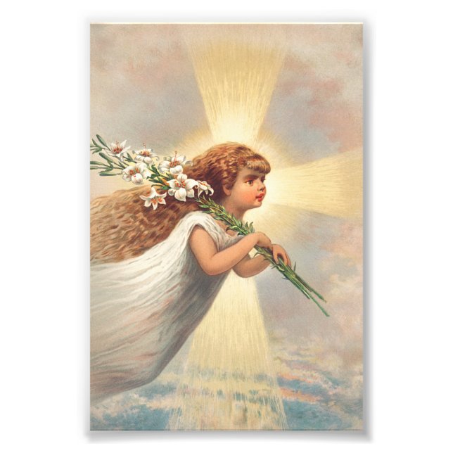 Little baby angel holding lilies photo print (Front)