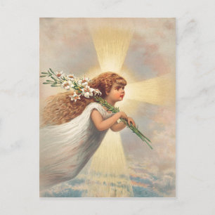 Little baby angel holding lilies postcard