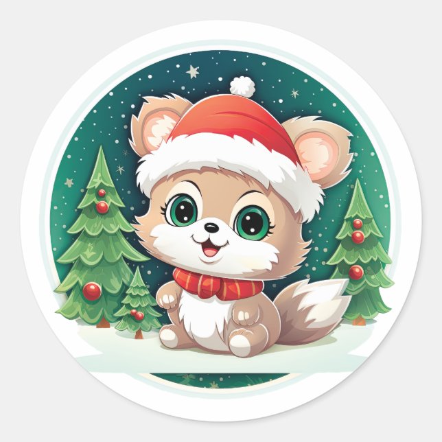 Little Baby Animal Xmas Magic Classic Round Sticker (Front)
