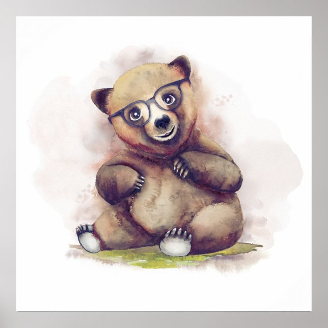 Little Baby Bear with Glasses Cute Watercolor Poster (Front)