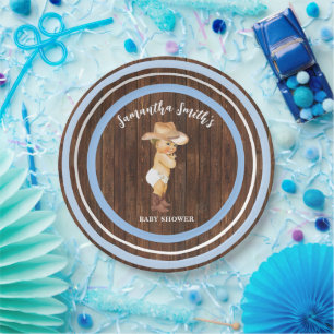 Little Baby Cowboy Western Blue Baby Shower Paper Plate