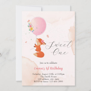 Little baby fox flying with balloon invitation