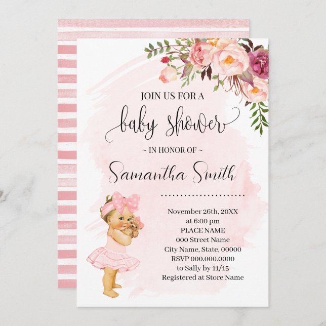 Little Baby Girl Pink Flowers Baby Shower Invitation (Front/Back)