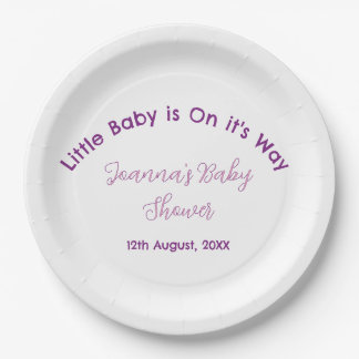 little baby is on its way baby shower name pink pu paper plate