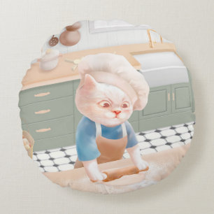 Little Baker Cat: Cosy Morning Kneading Art Round Cushion