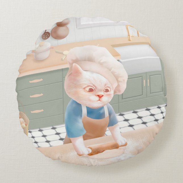 Little Baker Cat: Cosy Morning Kneading Art Round Cushion (Front)