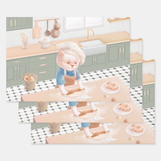 Little Baker Cat: Cosy Morning Kneading Art Wrapping Paper Sheet (Set)