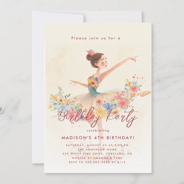 Little Ballerina and floral Birthday Party  Invitation (Front)