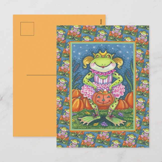 LITTLE BALLERINA FROG TRICK OR TREATING IN TUTU HOLIDAY POSTCARD (Front/Back)