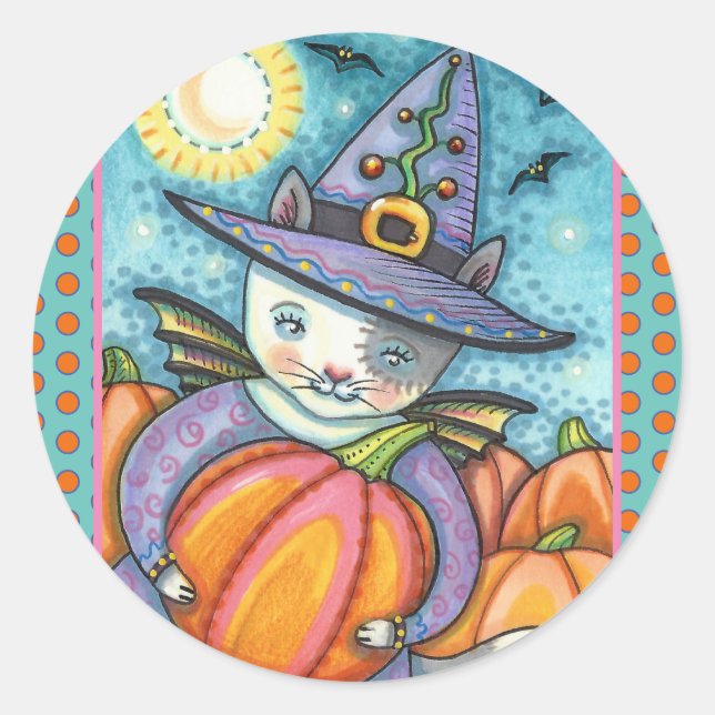 LITTLE BAT CAT KITTEN, CUTE & COLORFUL CLASSIC ROUND STICKER (Front)