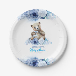 Little Bear and Blue Shades Flowers Baby Shower Paper Plate