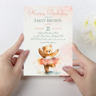 Little bear ballerina watercolor pink Birthday Invitation