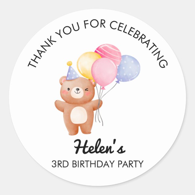 Little Bear Balloon Birthday Party Sticker (Front)