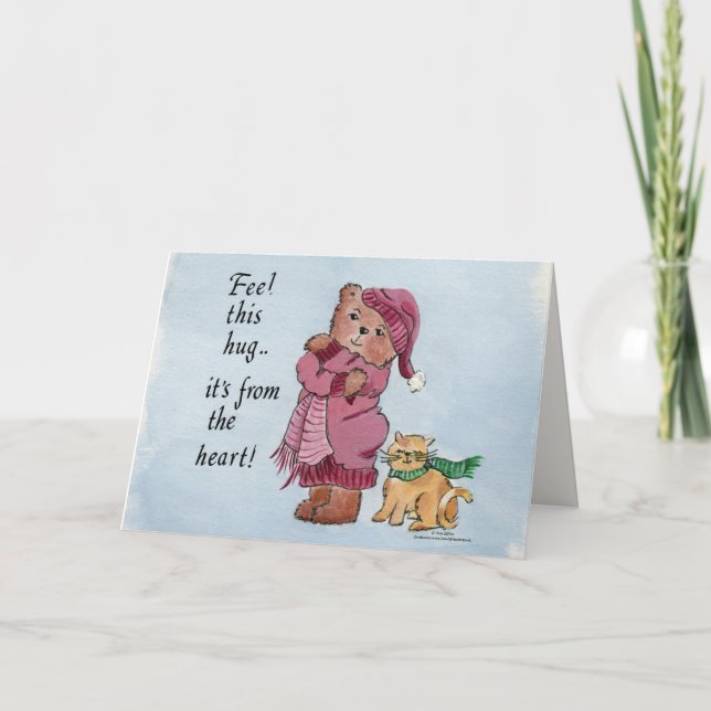 Little Bear Caricature Gives a Hug From the Heart  Holiday Card (Front)