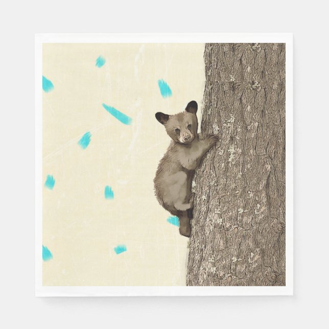 Little Bear Cub Climbing Tree Party Napkin (Front)