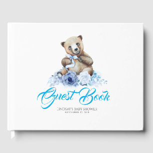 Little Bear Cute Blue Flowers Baby Shower Guest Book