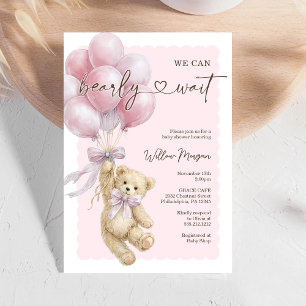 Little Bear Girl Baby Shower Teddy Bear Balloons Invitation