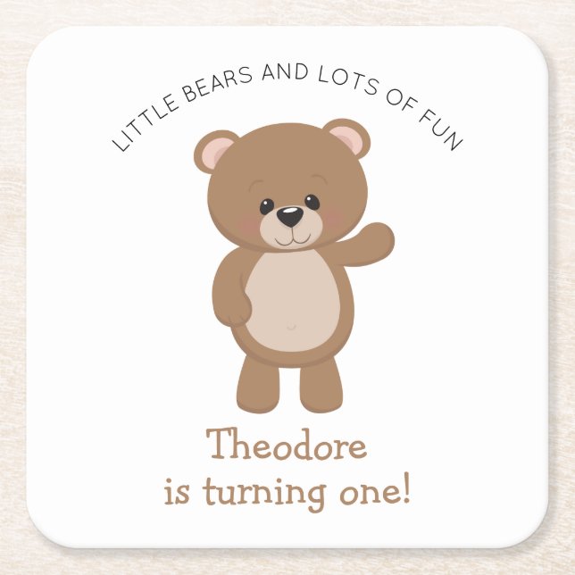 Little Bear Is Turning One 1st Birthday Square Paper Coaster (Front)