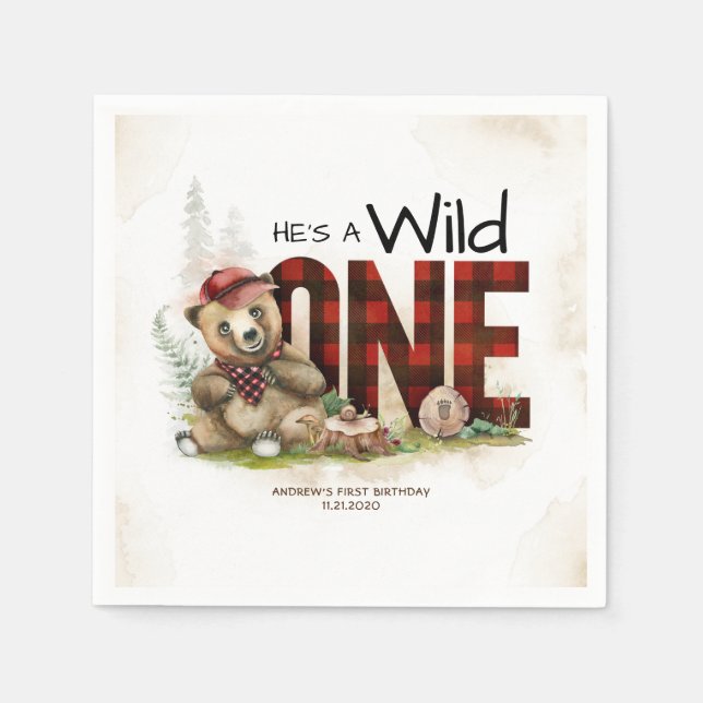 Little Bear Lumberjack Wild One Birthday Napkin (Front)