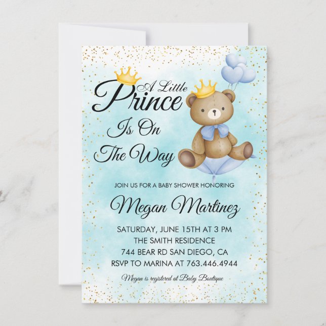 little bear prince blue gold boy baby shower invitation (Front)