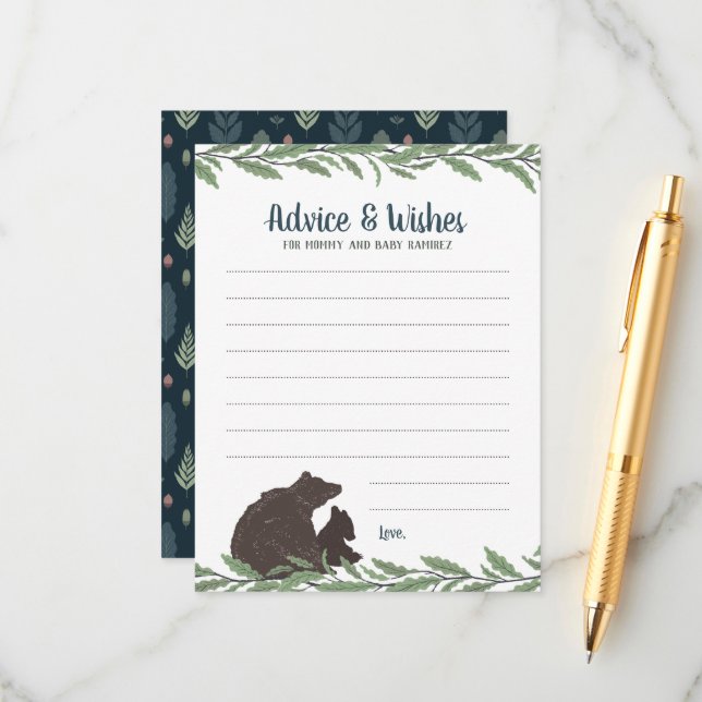 Little Bear Rustic Baby Shower Wishes and Advice Card (Front/Back In Situ)