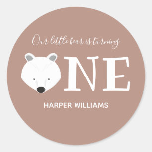 Little Bear Turning One Cute Animal First Birthday Classic Round Sticker