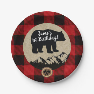 Little Bear Wild One Flannel Lumberjack Birthday Paper Plate