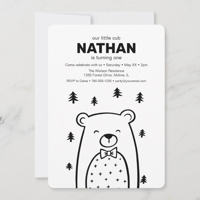 Little Bear with Bow Tie in Forest, birthday Invitation (Front)