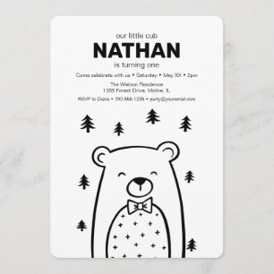 Little Bear with Bow Tie in Forest, birthday Invitation
