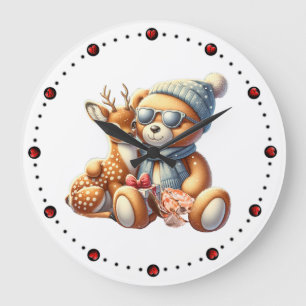 Little bear with fawn in arms winter Christmas Large Clock