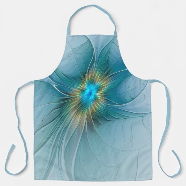 Little Beauty Modern Blue Gold Fractal Art Flower Apron (Front)
