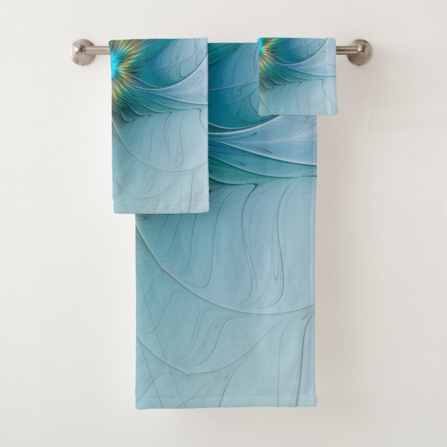 Little Beauty Modern Blue Gold Fractal Art Flower Bath Towel Set (Insitu)