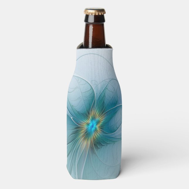 Little Beauty Modern Blue Gold Fractal Art Flower Bottle Cooler (Bottle Front)