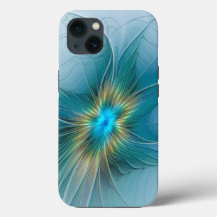 Little Beauty Modern Blue Gold Fractal Art Flower iPhone 13 Case