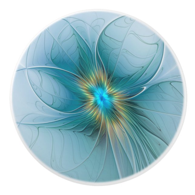 Little Beauty Modern Blue Gold Fractal Art Flower Ceramic Knob (Front)