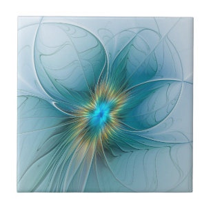 Little Beauty Modern Blue Gold Fractal Art Flower Ceramic Tile