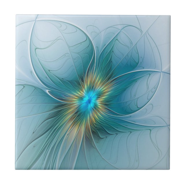 Little Beauty Modern Blue Gold Fractal Art Flower Ceramic Tile (Front)