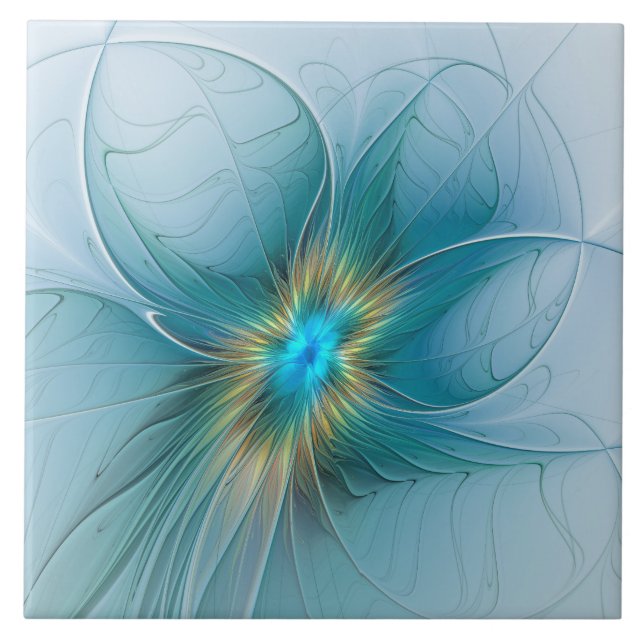 Little Beauty Modern Blue Gold Fractal Art Flower Ceramic Tile (Front)