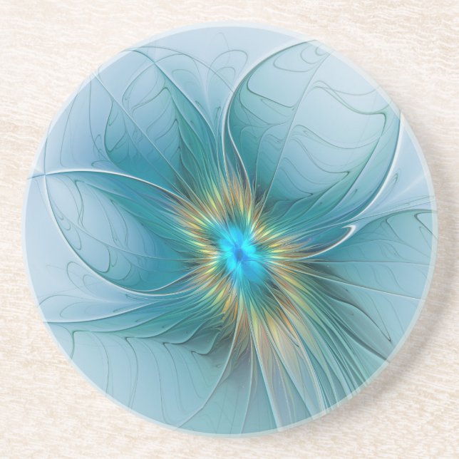 Little Beauty Modern Blue Gold Fractal Art Flower Coaster (Front)
