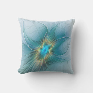 Little Beauty Modern Blue Gold Fractal Art Flower Cushion