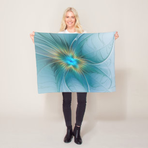 Little Beauty Modern Blue Gold Fractal Art Flower Fleece Blanket