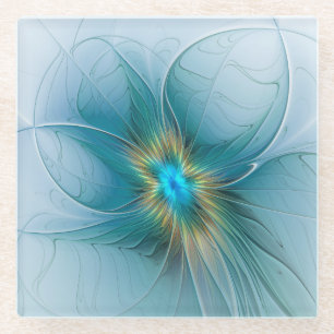 Little Beauty Modern Blue Gold Fractal Art Flower Glass Coaster