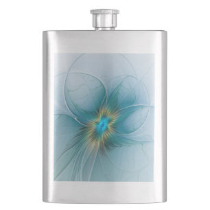 Little Beauty Modern Blue Gold Fractal Art Flower Hip Flask