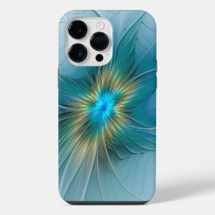 Little Beauty Modern Blue Gold Fractal Art Flower iPhone 14 Pro Max Case