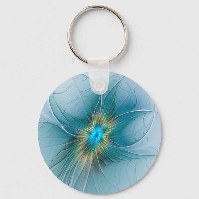 Little Beauty Modern Blue Gold Fractal Art Flower Key Ring (Front)